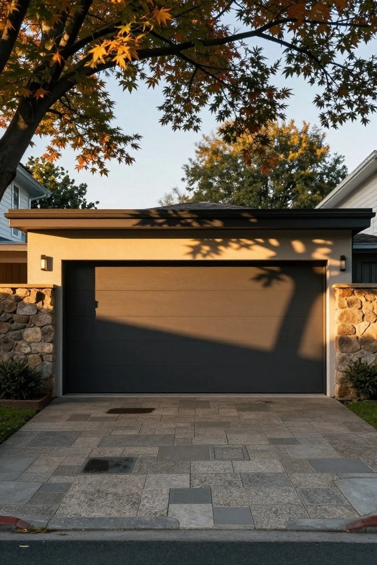 A dark gray metal garage door on a modern home facade, flanked by stone walls, with a paved driveway, shrubs, and overhanging autumn tree branches casting shadows.