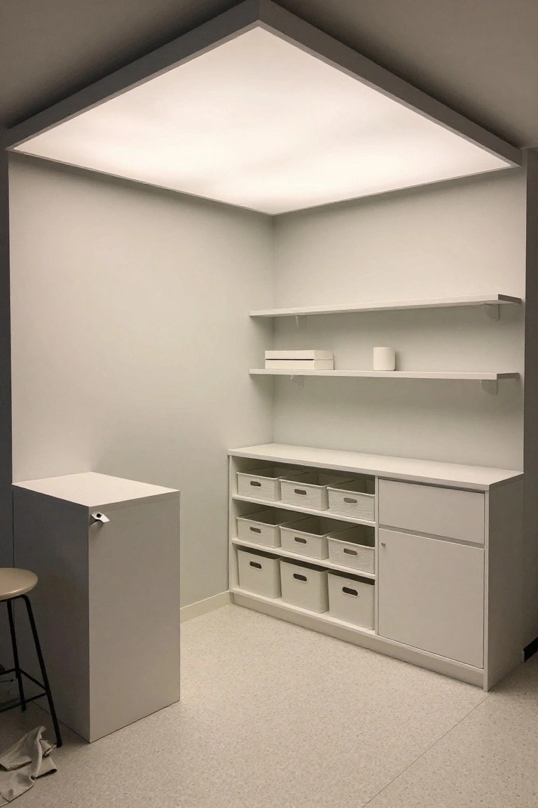 Garage corner with large flush white ceiling light panel, white storage cabinets, bins, and bar stool on laminate floor