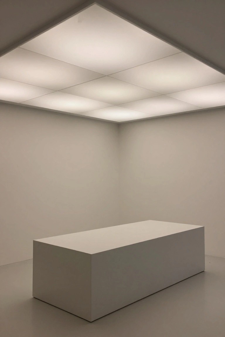 Modern grid of soft ceiling light panels over a white pedestal in an empty room