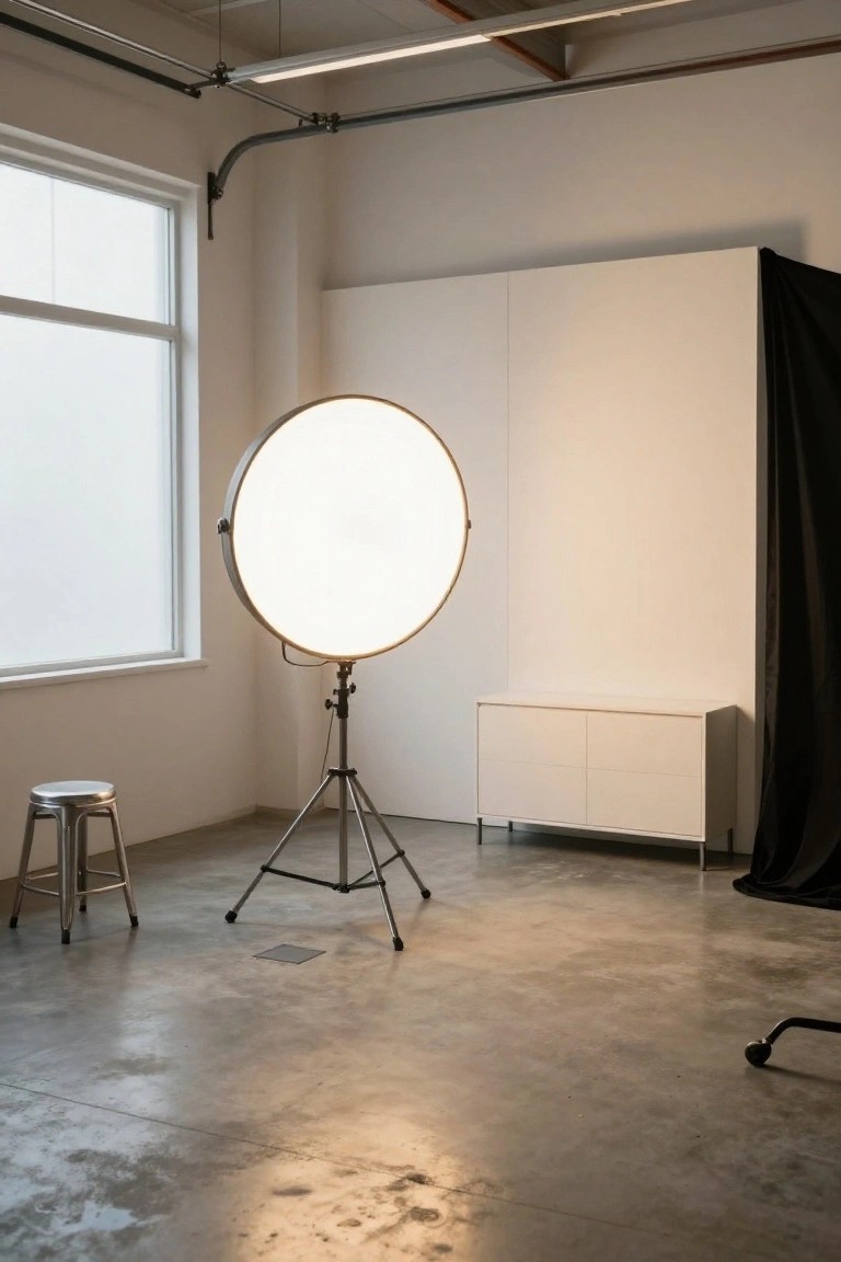 Industrial garage-style room with a large round white diffused light on a tripod stand, stool, white cabinets, and concrete floor