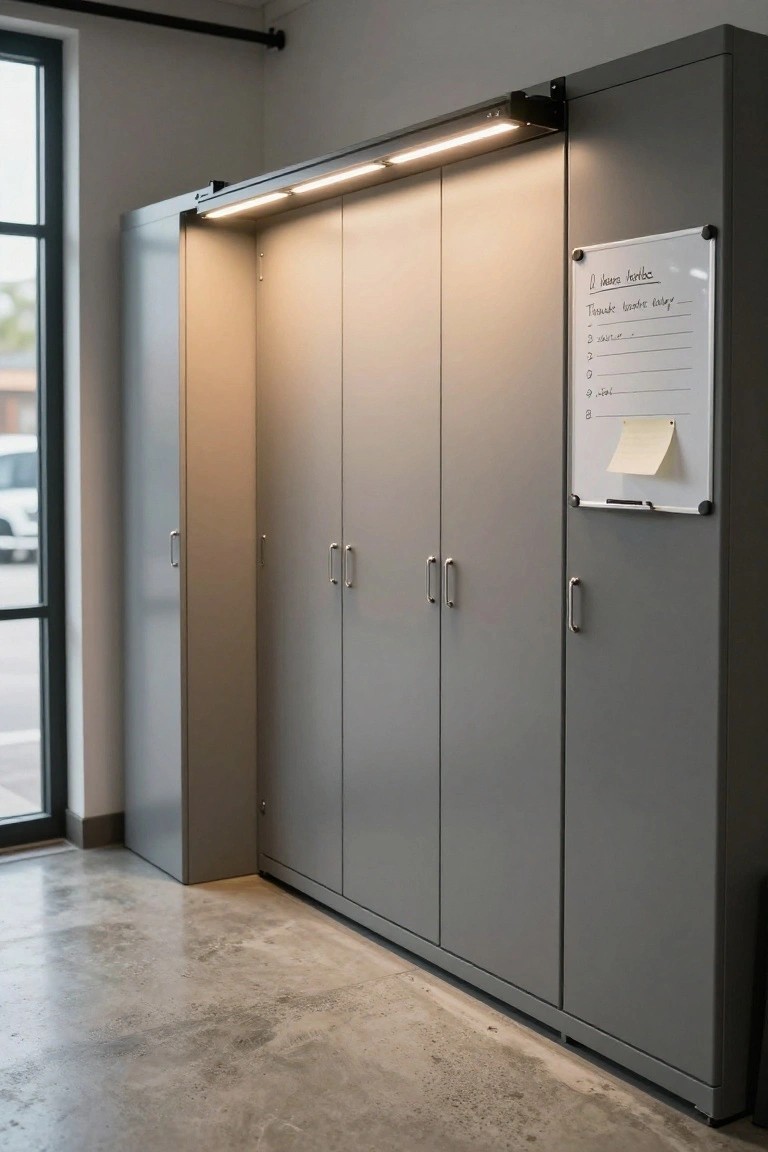 Tall gray garage cabinets with slim LED strip light mounted on top and a whiteboard on the side