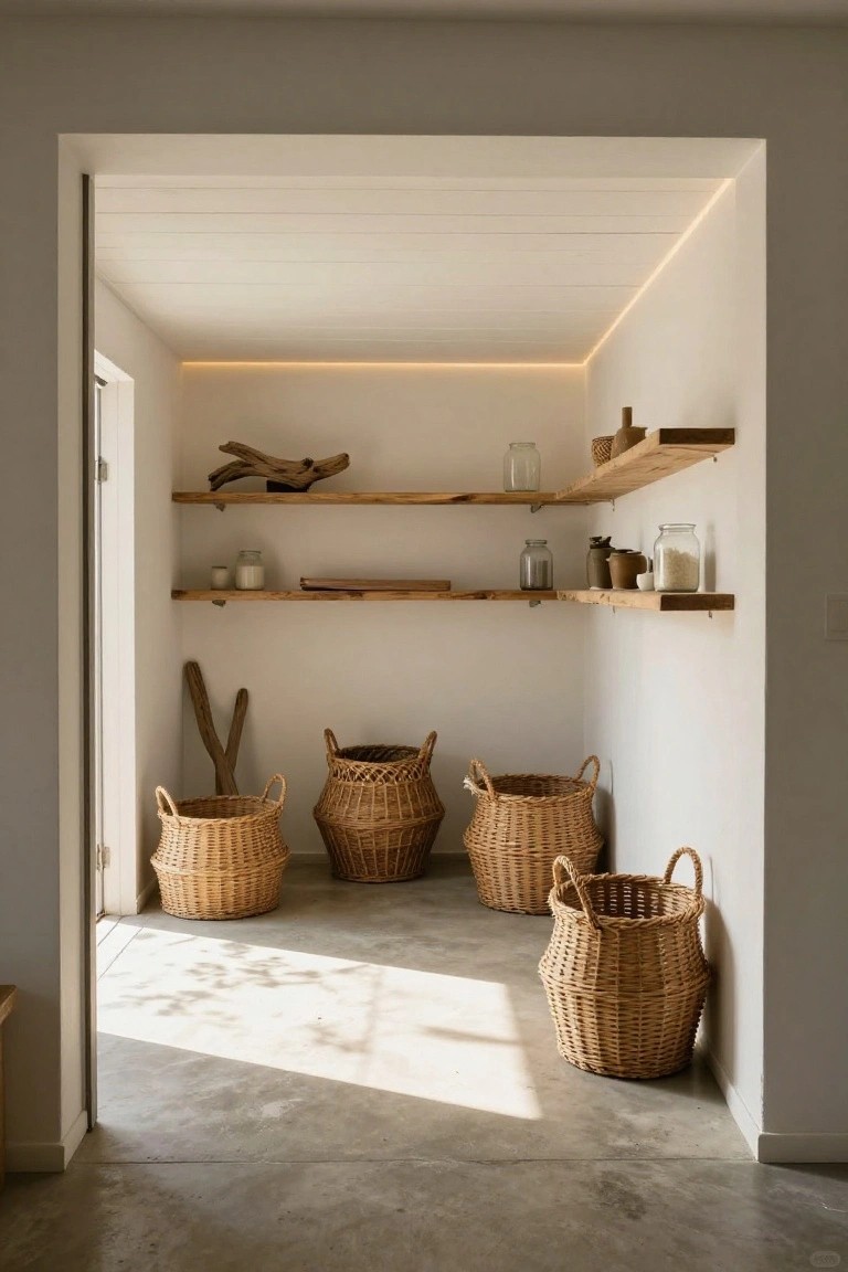 Minimalist garage storage nook featuring perimeter LED strip lighting along ceiling edges, wooden shelves with jars and driftwood, and grouped wicker baskets on a polished concrete floor