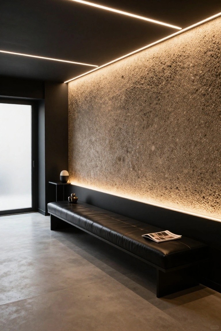 Modern entry with thin LED strips recessed in black ceiling edges, textured stone wall, leather bench and frosted door