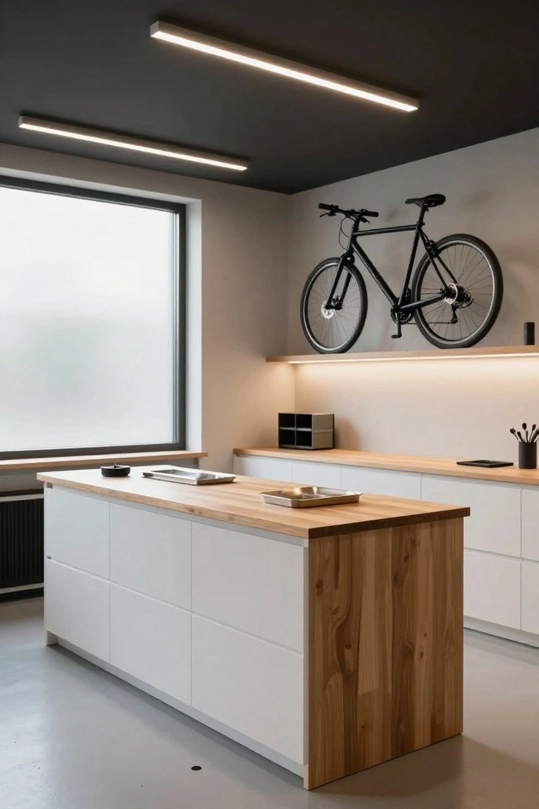 Modern garage office with slim linear LED ceiling lights on black ceiling above wooden desk and wall-mounted bike