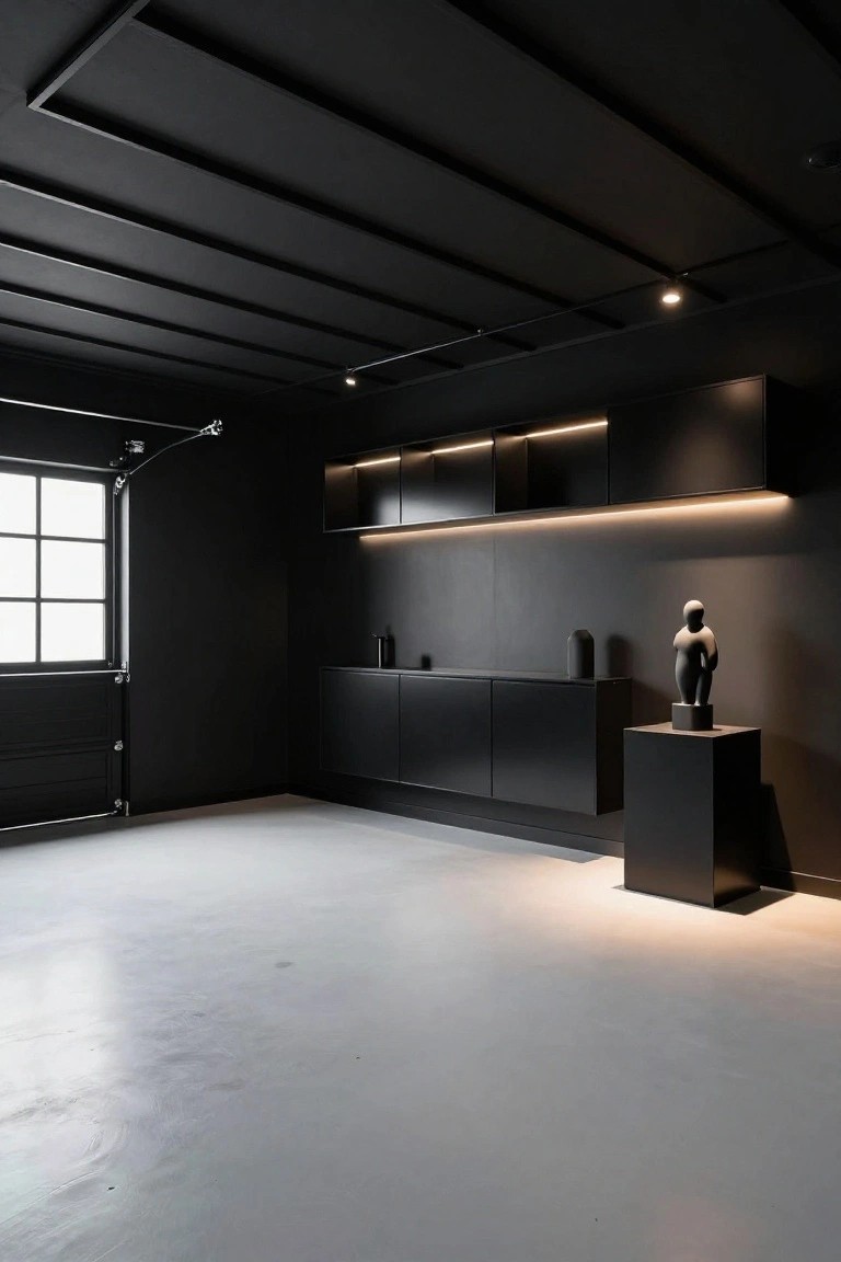 Modern garage with black beamed ceiling and recessed spotlights illuminating minimalist black cabinetry and a concrete floor