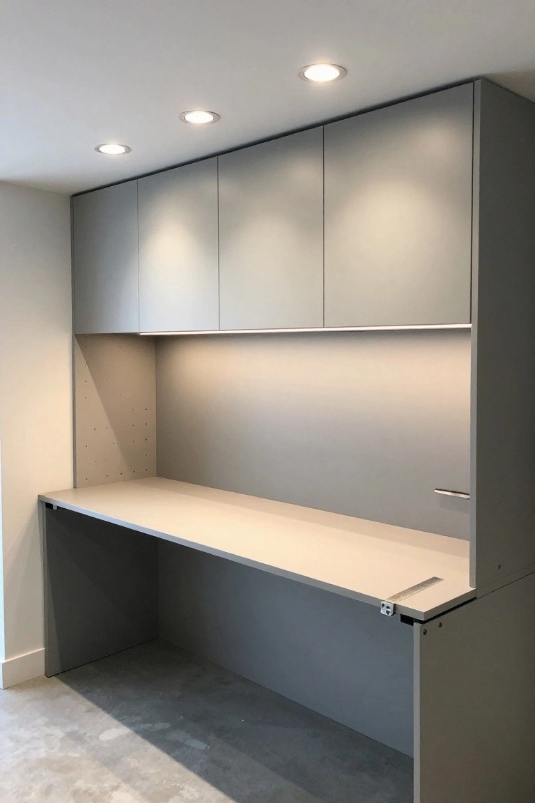 Sleek gray built-in desk and cabinets in a garage with three recessed ceiling lights providing focused illumination