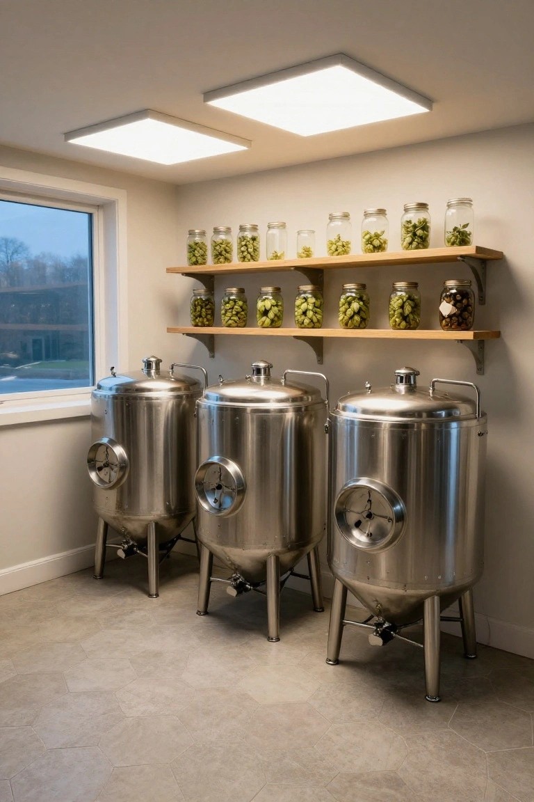 Garage ceiling with flush-mounted rectangular white LED panels illuminating stainless steel tanks and shelves of jars