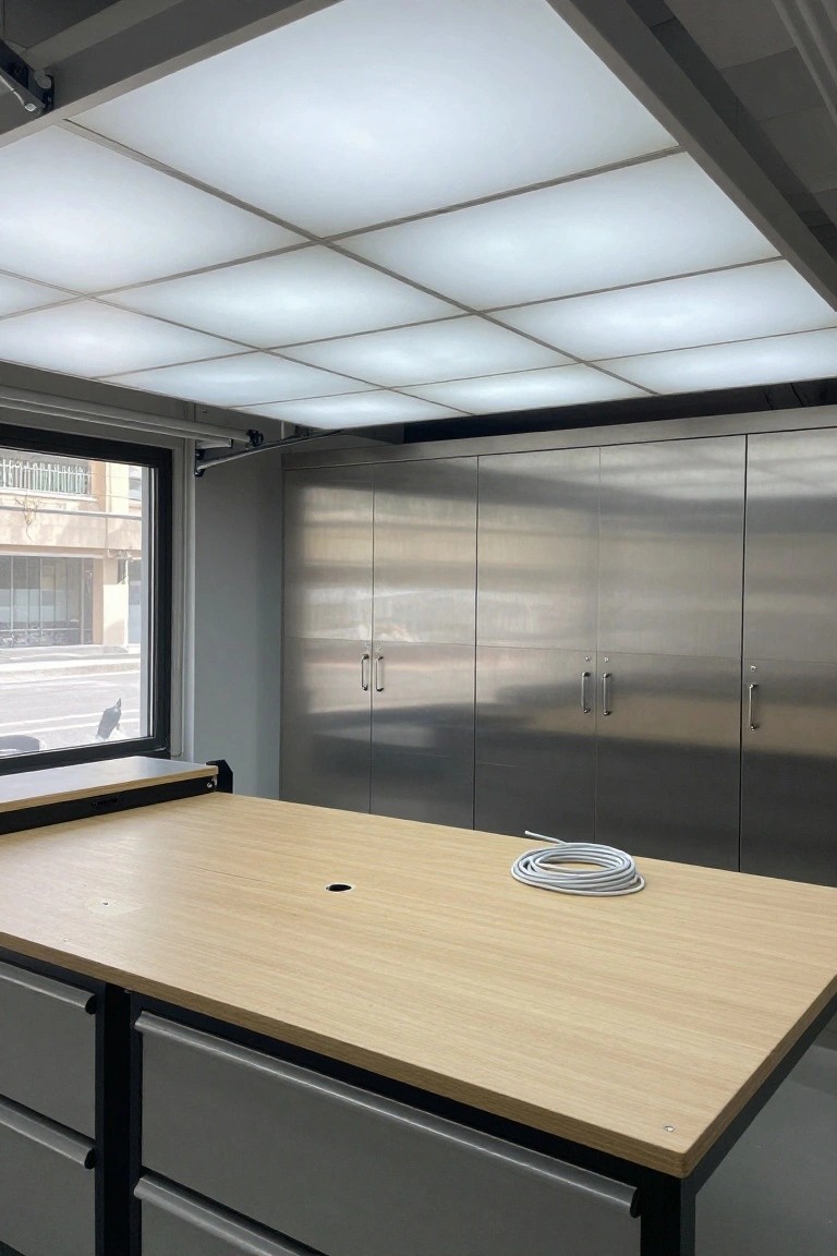Garage with grid of large translucent ceiling panels diffusing soft light over wooden workbench and steel cabinets