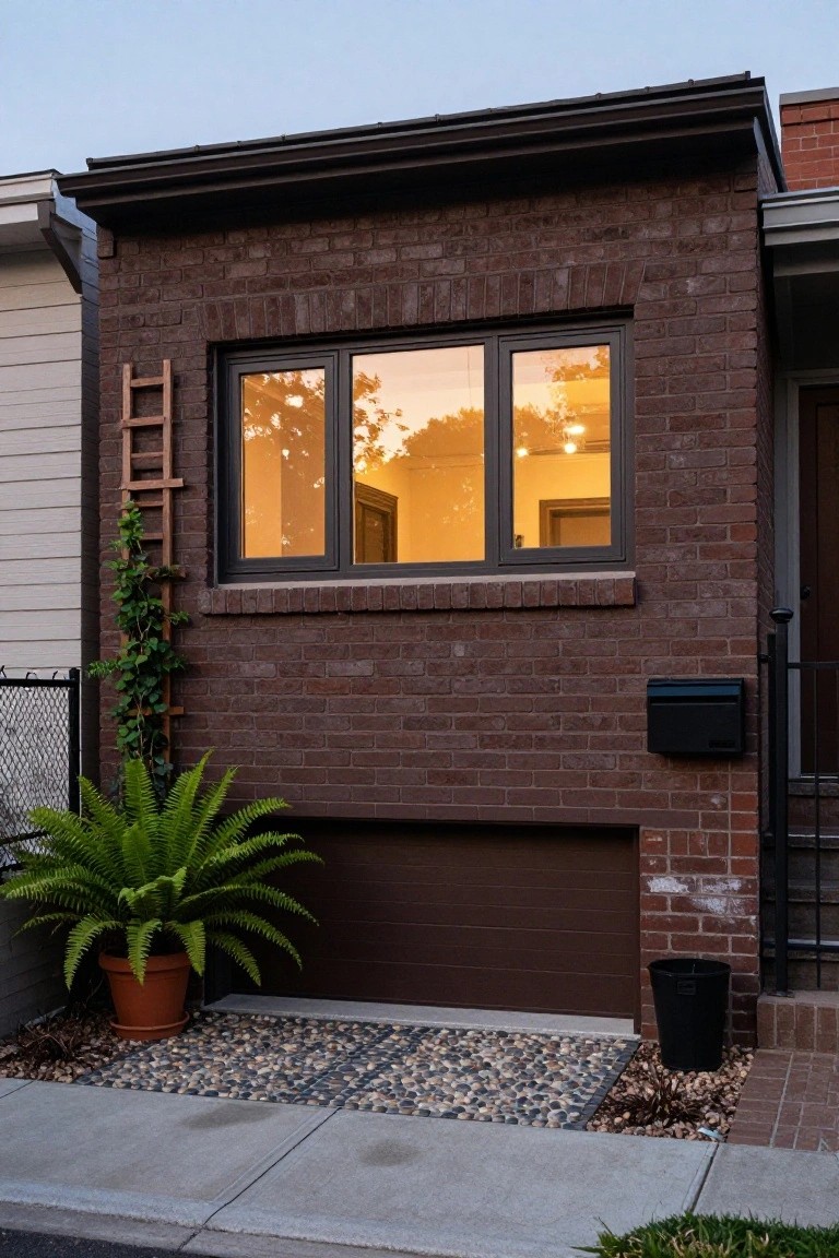 Brick house exterior with deep warm brown garage door, black window frames, potted plants, and gravel landscaping at dusk