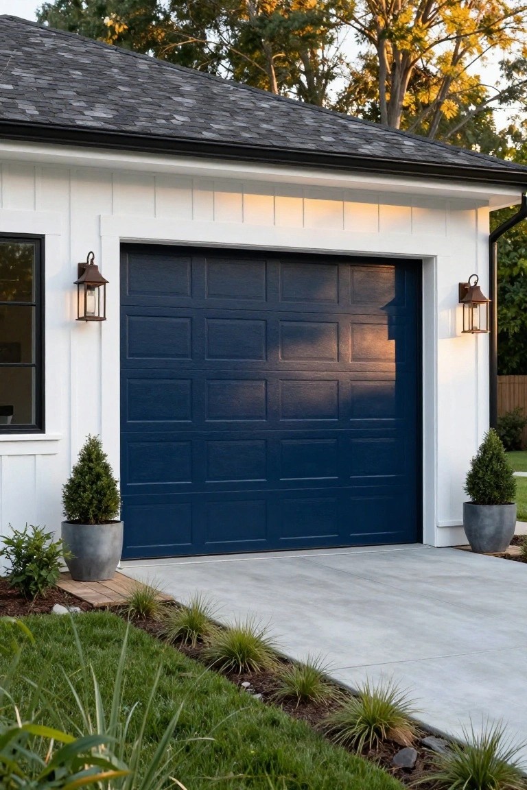 White board-and-batten garage with deep navy blue door, flanked by bronze lanterns and potted topiaries on a concrete driveway
