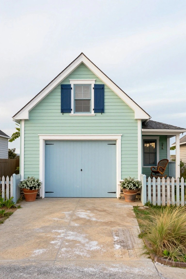 Light mint green garage exterior with blue double door, white trim, blue shutters, small porch, and white picket fence