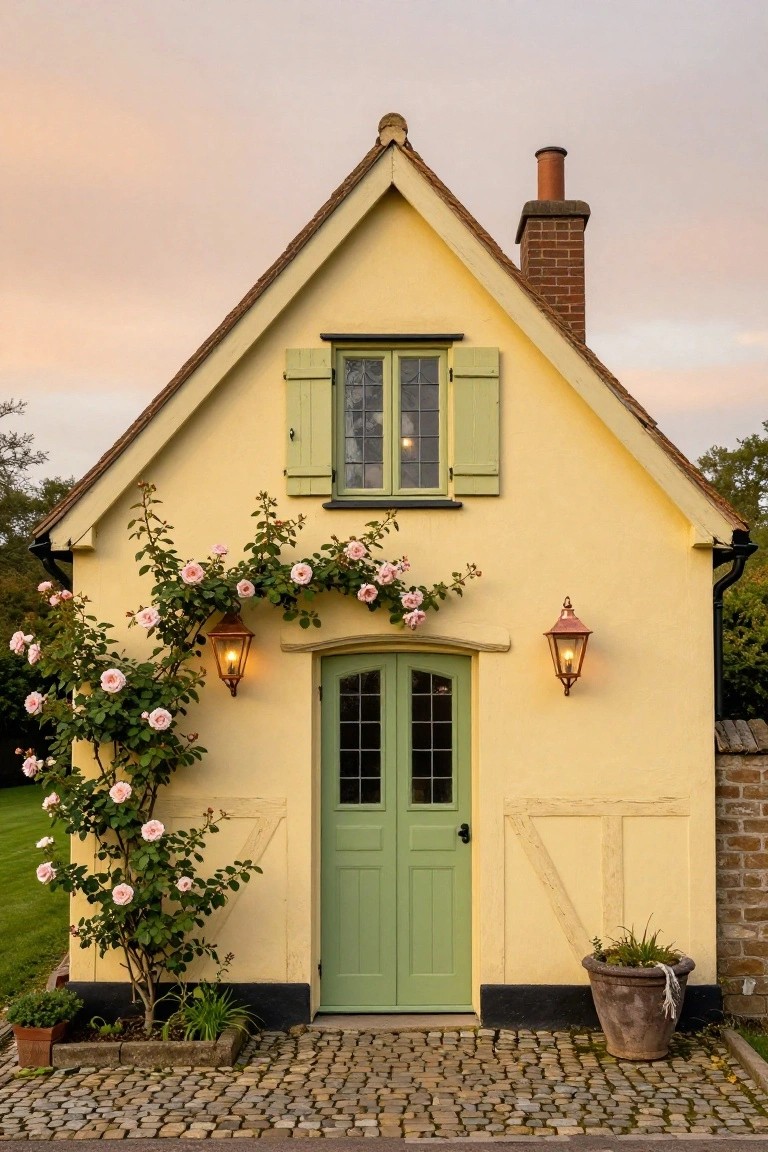 Pale yellow cottage walls with green door and shutters, climbing roses, and lantern lights on a cobblestone path
