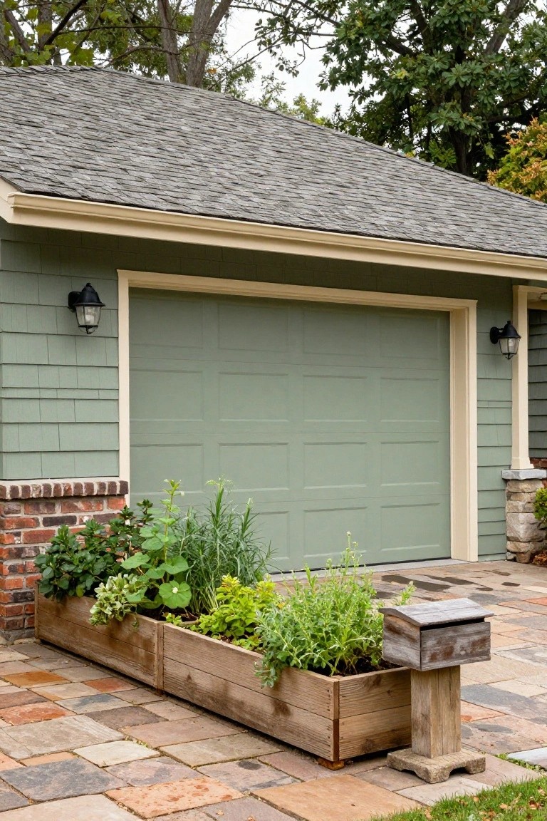 Soft sage green garage door on a house with wooden raised planters, brick accents, and paver patio