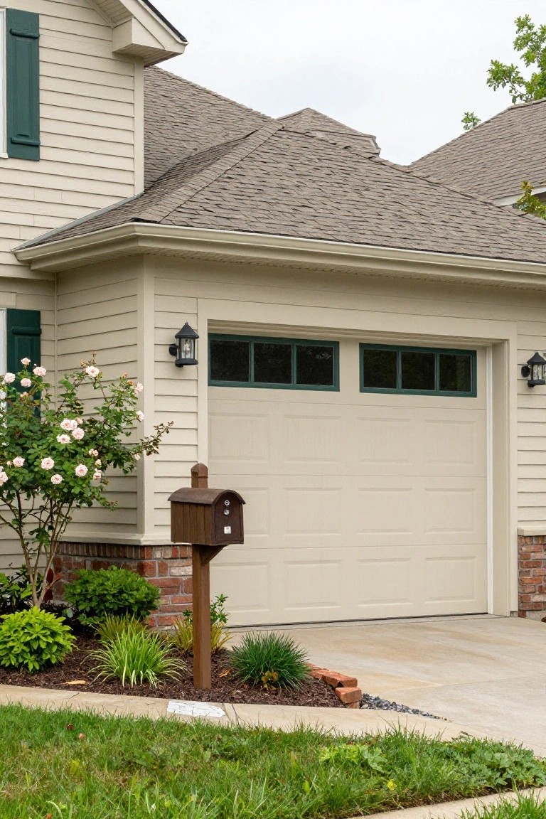 Garage door painted soft beige matching house siding, with green shutters, brick accents, and front landscaping