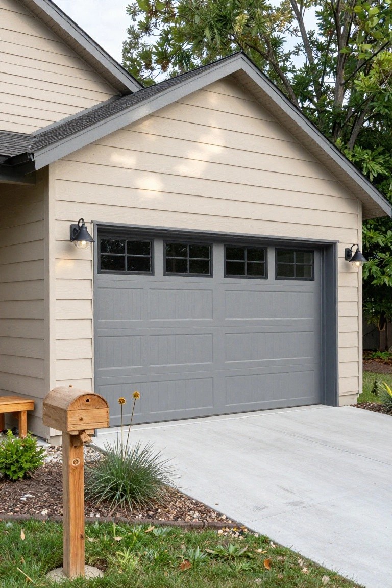 Beige house exterior with medium gray garage door, wood mailbox post, and front landscaping