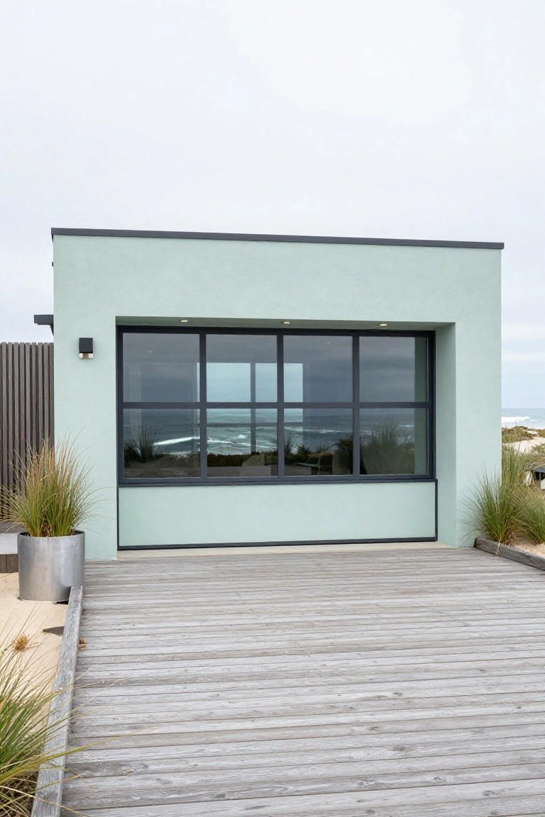 Pale sage green garage exterior with black-framed windows, wooden deck, and dune grasses nearby