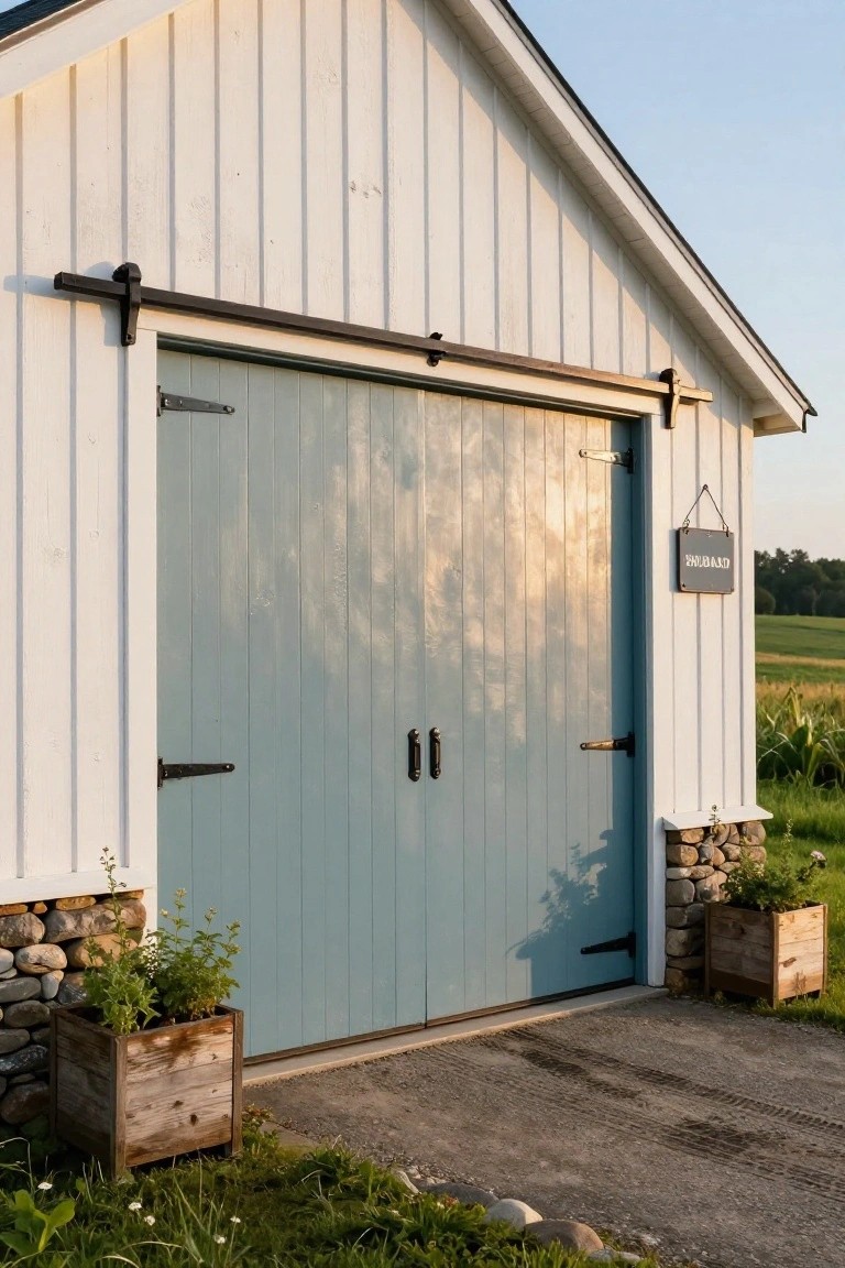 White board-and-batten garage with sliding teal double doors, black hardware, and stone-accented planters