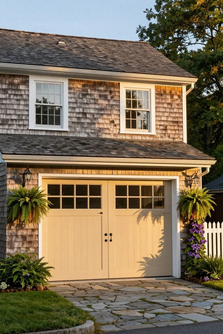 Warm beige double garage doors on a shingle house with white trim, hanging ferns, and stone walkway