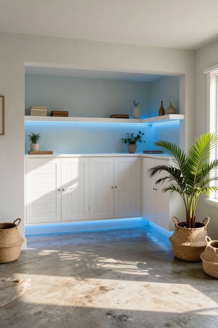 Garage built-in white cabinets and shelves with blue LED strip lighting along the undersides and plants in baskets nearby