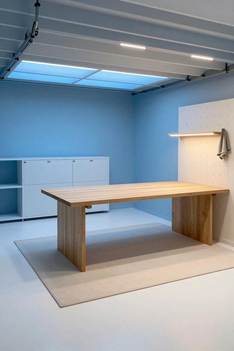 Modern garage workshop with blue walls, wooden table, white cabinets, and grid of flush LED ceiling panels