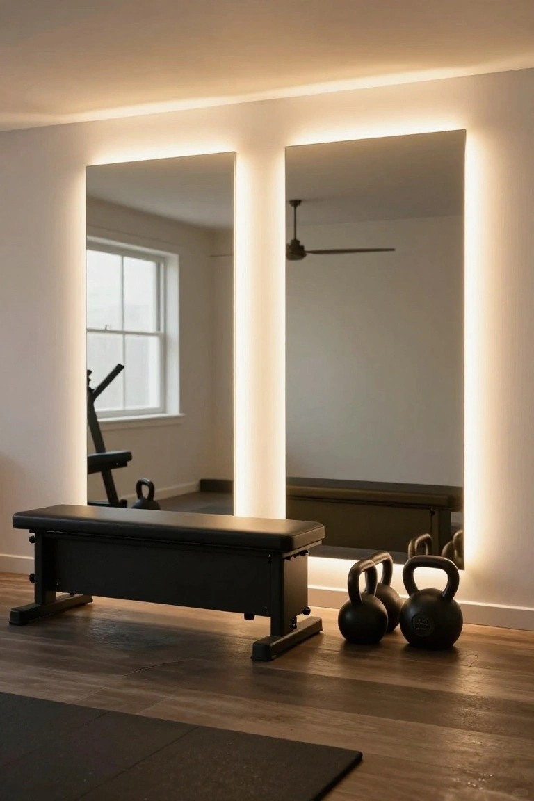 Garage gym with tall mirrors backlit by slim LED strips, black bench, kettlebells, and pull-up rack against white walls