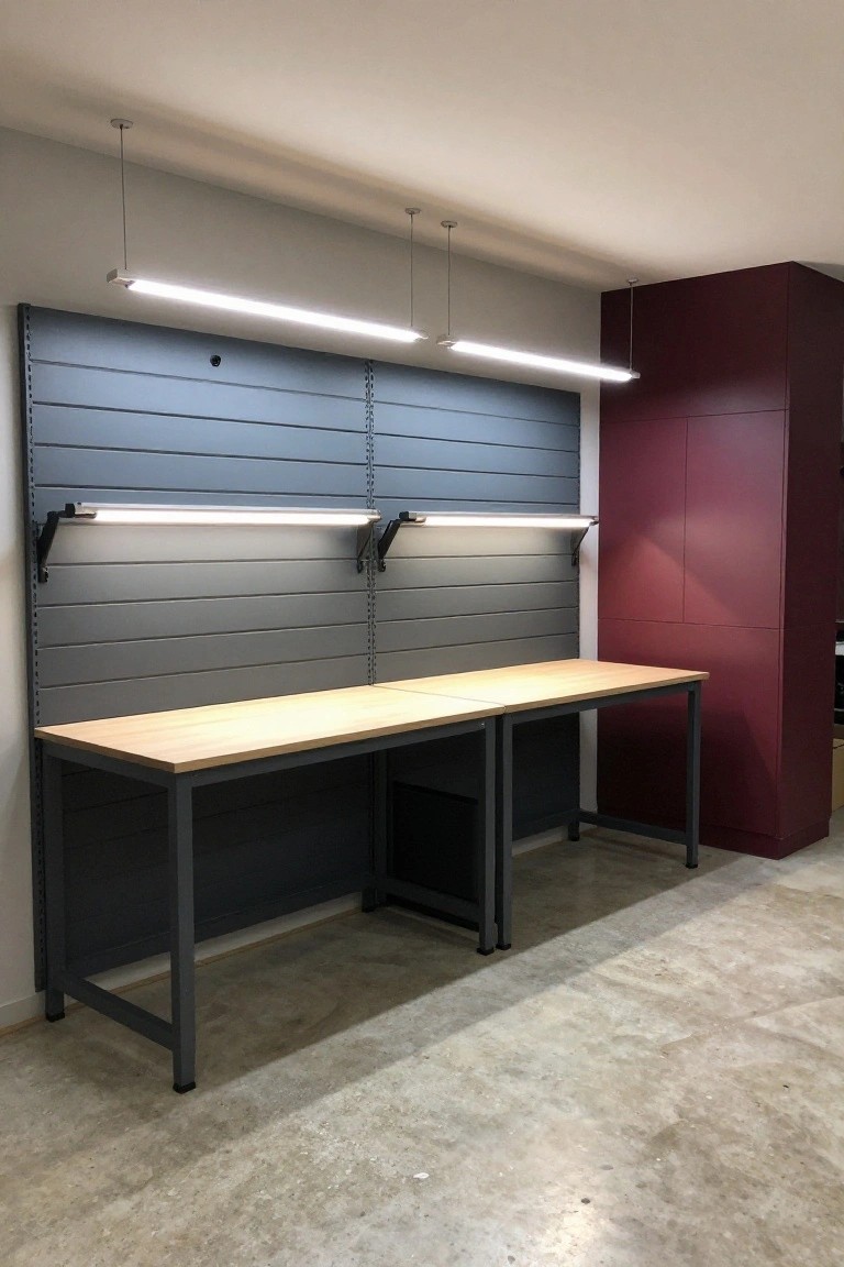 Garage workbench area with slatwall panels, mounted LED light bars, and wooden bench top