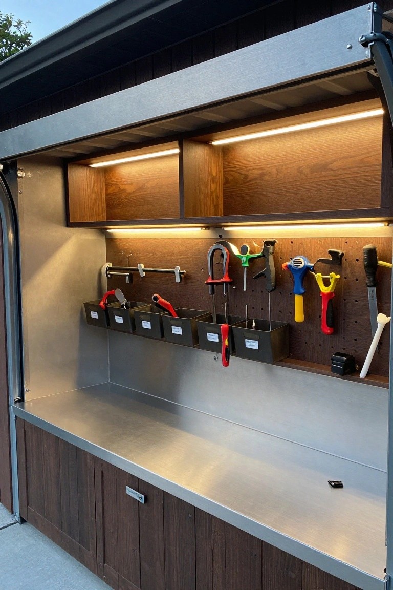 Garage workshop with wooden shelves featuring under-shelf LED strips lighting organized tools and stainless steel workbench