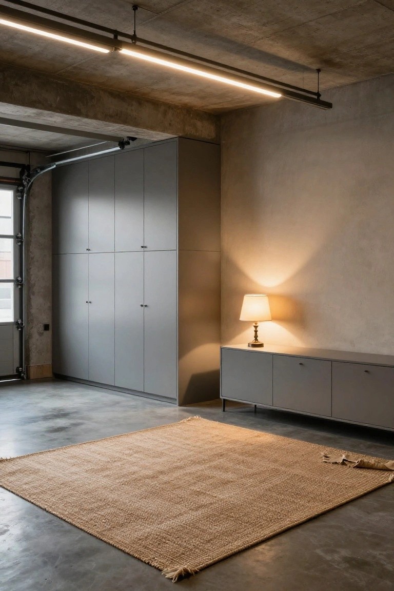 Modern industrial garage interior with long linear LED ceiling lights, tall grey wardrobes, sideboard lamp, and beige rug on polished concrete floor