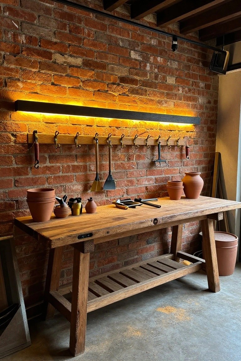Long horizontal LED light strip mounted on exposed brick wall above wooden workbench with hanging tools and terracotta pots in garage