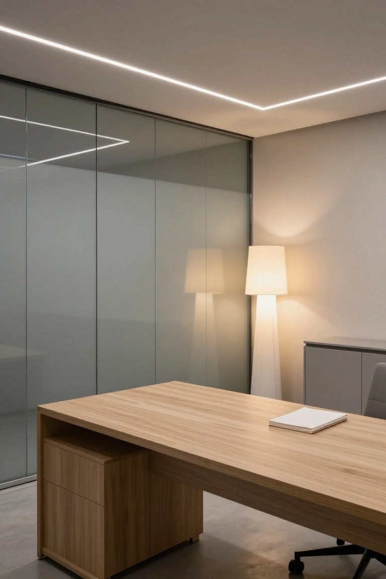 Sleek workspace with wooden desk, frosted glass walls, and continuous LED strips glowing along ceiling perimeter