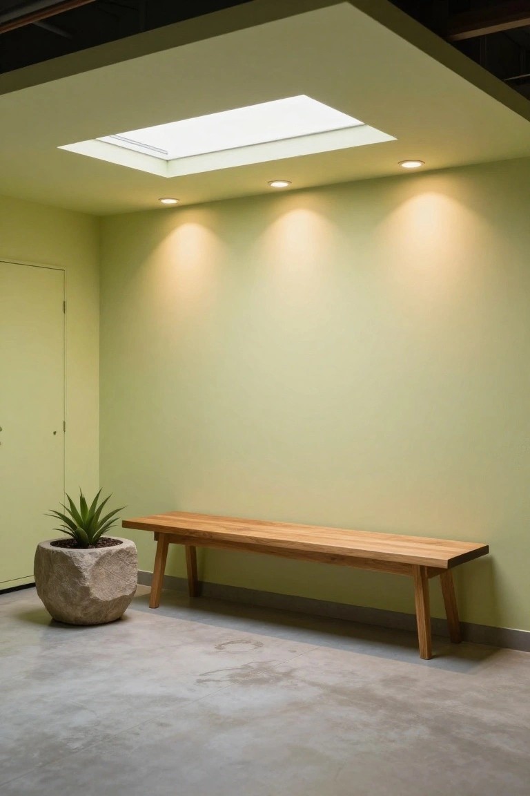 Garage corner with pale green walls, recessed ceiling LED lights, wooden bench, and potted agave plant under skylight
