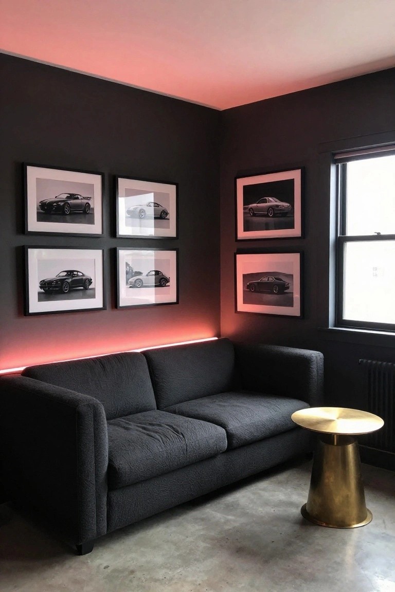 Dark garage lounge corner with red LED strips along wall and ceiling edges, black sofa, gold side table, and framed black-and-white Porsche photos
