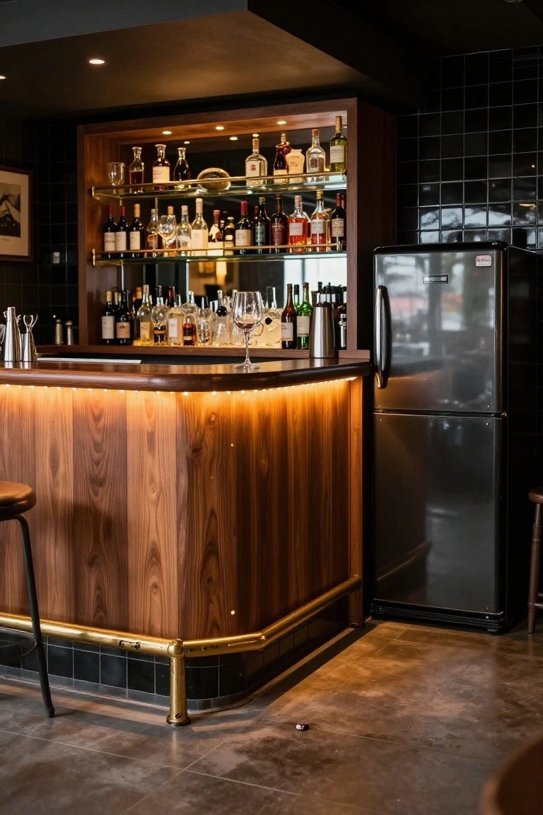 Wooden bar counter with warm underlighting from LED strips in a stylish garage bar area