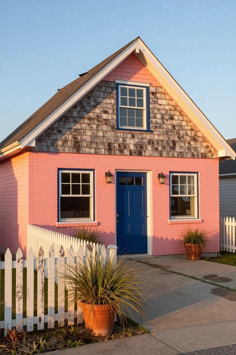 Soft blush pink garage exterior with navy blue door, white picket fence, and potted plants