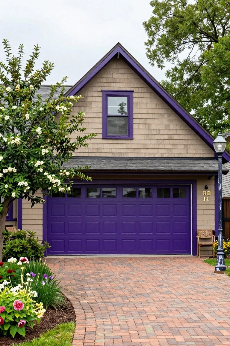 Shingle house with standout purple garage door and window trim on brick driveway