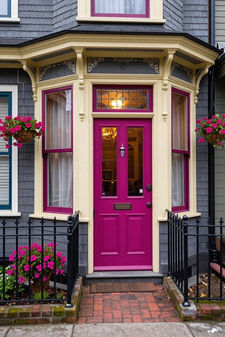 Charming gray Victorian house with cream trim, stained glass windows, hanging flower baskets, and a striking purple double front door with brass hardware