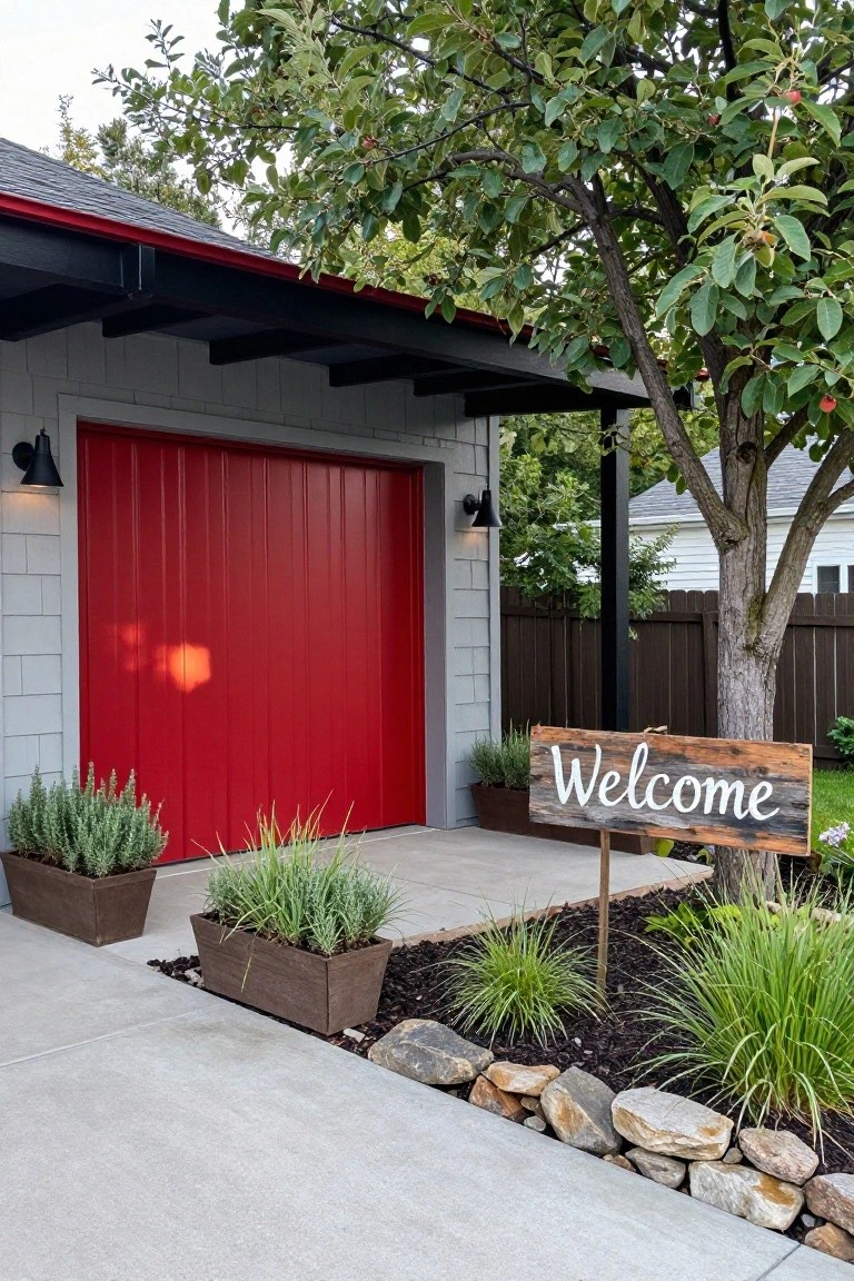Red garage door on a gray house with black trim, flanked by potted grasses and a wood welcome sign under a tree.