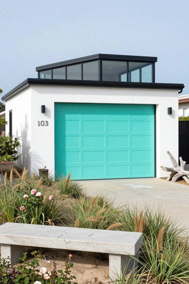 White modern garage building with vibrant turquoise door, black trim, and glass roof detail