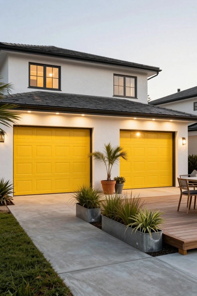 White house with bright yellow double garage doors glowing against dusk sky, accented by black trim, potted plants, and a wood deck