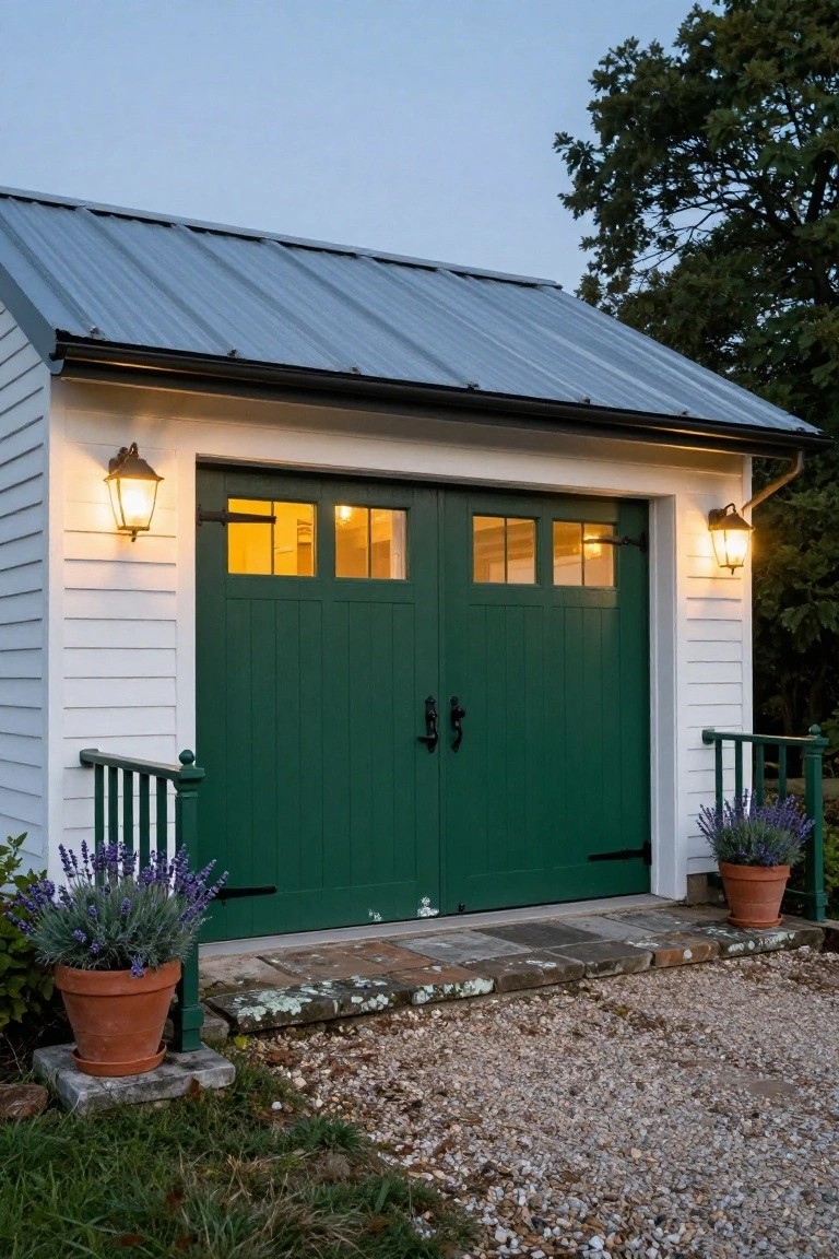White clapboard garage building with deep green double doors, lit by wall lanterns at dusk, lavender pots and gravel path in front