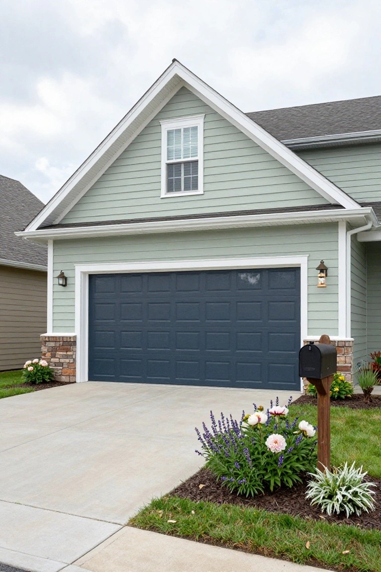 Light green house with deep navy blue garage door, stone base accents, and landscaping along the driveway
