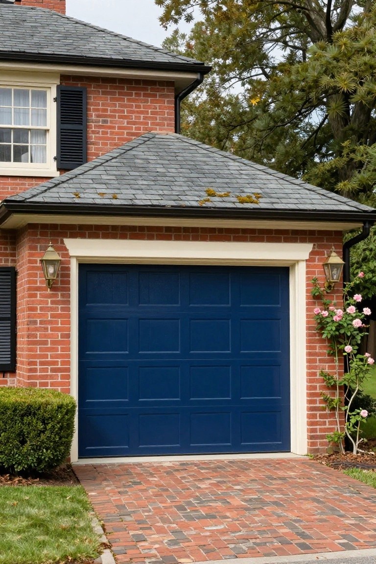 Brick home exterior featuring a bold navy blue garage door with white trim and lanterns