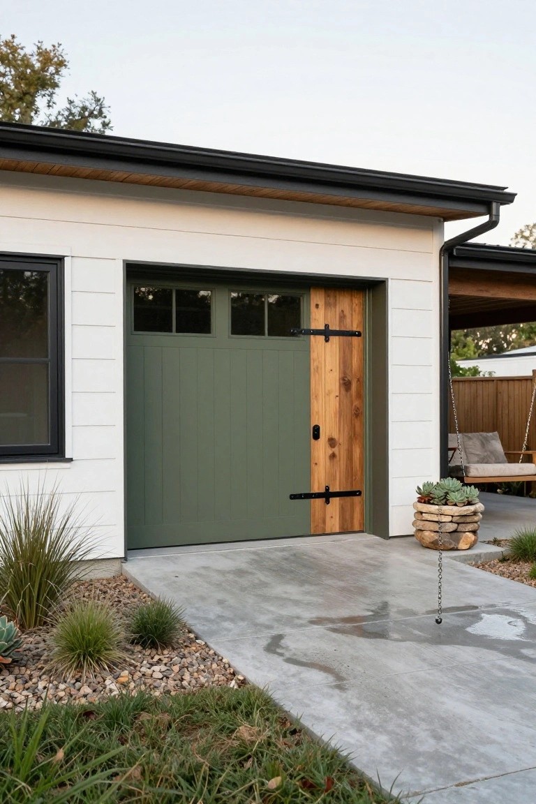 Muted sage green garage door with wood panels next to white house siding and gravel path