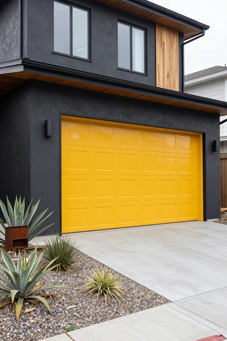 Black modern house exterior with vivid yellow garage door, wood trim accents, and desert-style plants along the driveway
