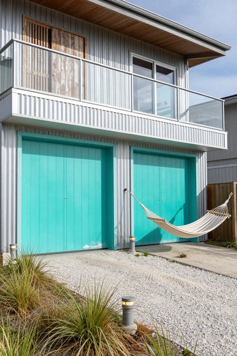 Modern home exterior with bright turquoise double garage doors, gray corrugated siding, and potted plants along the driveway