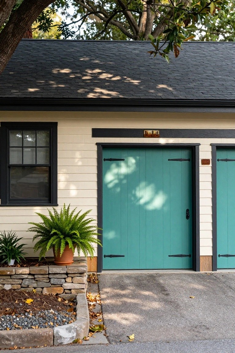 White craftsman home with turquoise garage doors, black trim accents, and stone landscaping