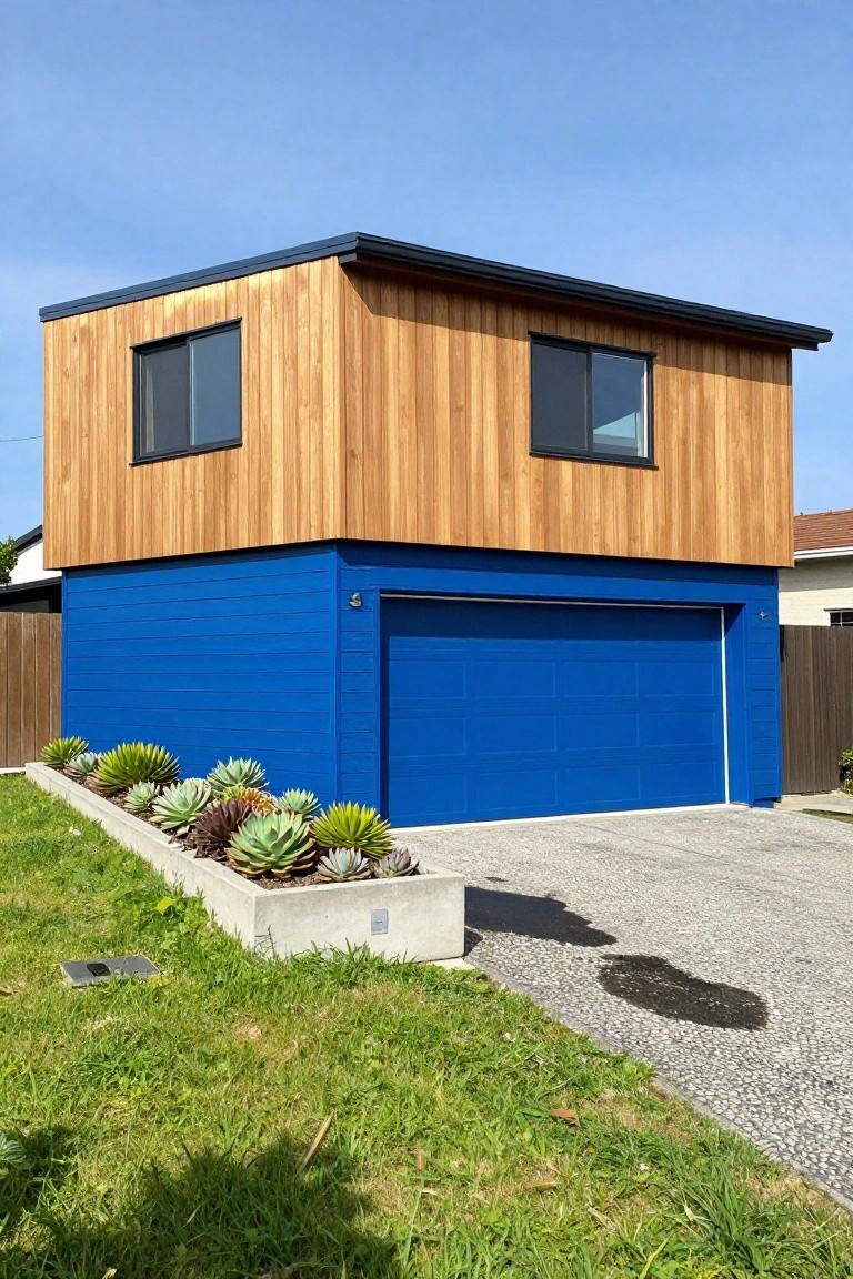 Vibrant blue painted garage with wood-clad upper level and succulents in front planters