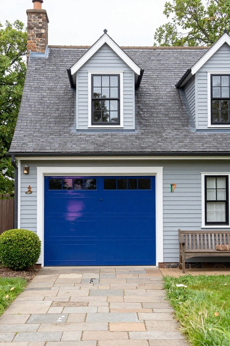 Gray house exterior with vibrant royal blue garage door, white window trim, and stone pathway