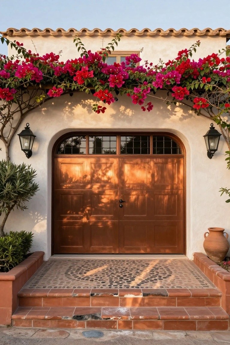 Warm bronze garage door on white stucco adobe house, framed by red bougainvillea vines and flanked by lanterns and potted plants on terracotta steps