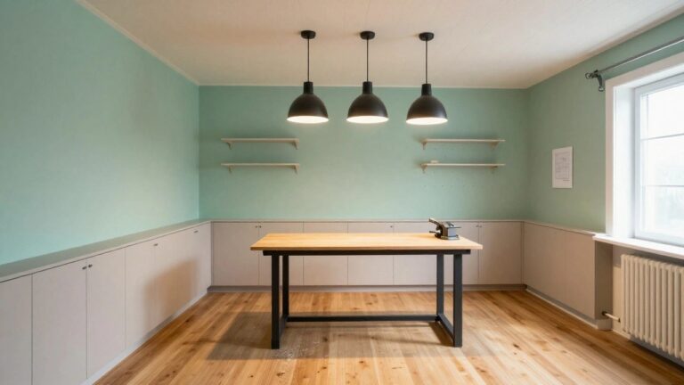 Three black pendant lights centered over a wooden workbench in a garage workshop with grid-patterned ceiling